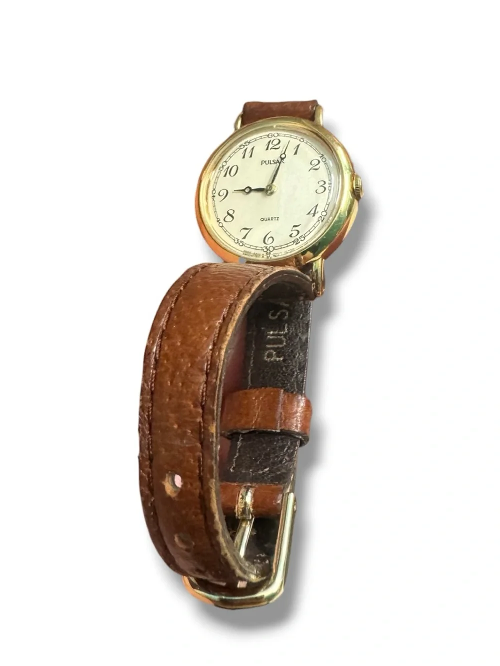 Pulsar Gold-Tone Case White Dial Brown Leather Strap Watch